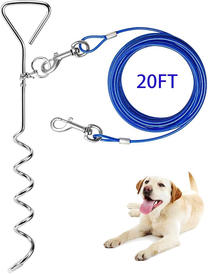 Evilplan Dog Tie Out Cable and Stake, 20ft Outside Dog Leash&Chain for Camping and Yard, 16'' Heavy Duty Anti Rust Spiral Stake for Medium-Large Dogs Up to 125 lbs (20FT, Blue)
