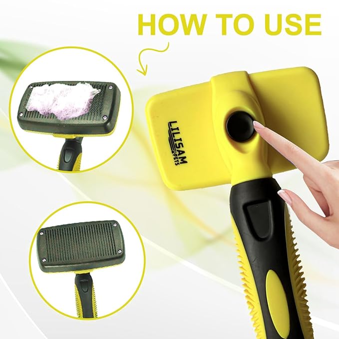 Pet Self Cleaning Slicker Brush and Grooming Comb - Gently Removes Loose Hair, Tangles, and Dirt - Skin Friendly Deshedding Grooming Tool for Hair Dogs & Cats - Pet Supplies Accessories (Yellow)