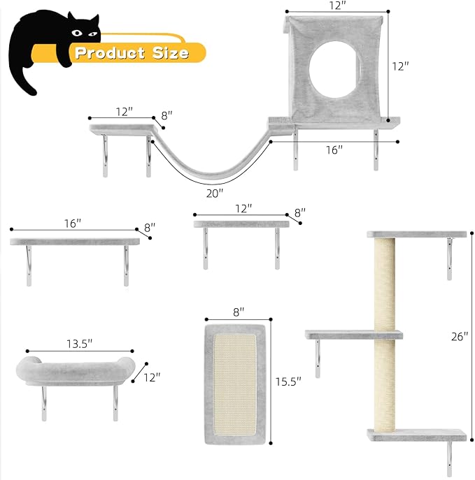 NUNU LAB Wall Mounted Cat Climber Set, 6 Pcs Cat Furniture Set with House, Bridge, Steps, Scratcher Board and Hammock, Shelves for Indoor, Luxury Walls Furniture(Gray)