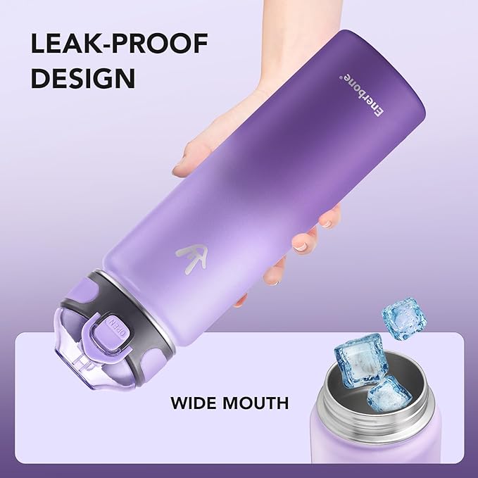 Enerbone 24 oz Insulated Water Bottle, Stainless Steel Bottle with Carrying Strap, Double-Wall Vacuum Insulation Design, Leakproof Sports Bottle with Straw, Keep Drinks Cold or Hot for Hours