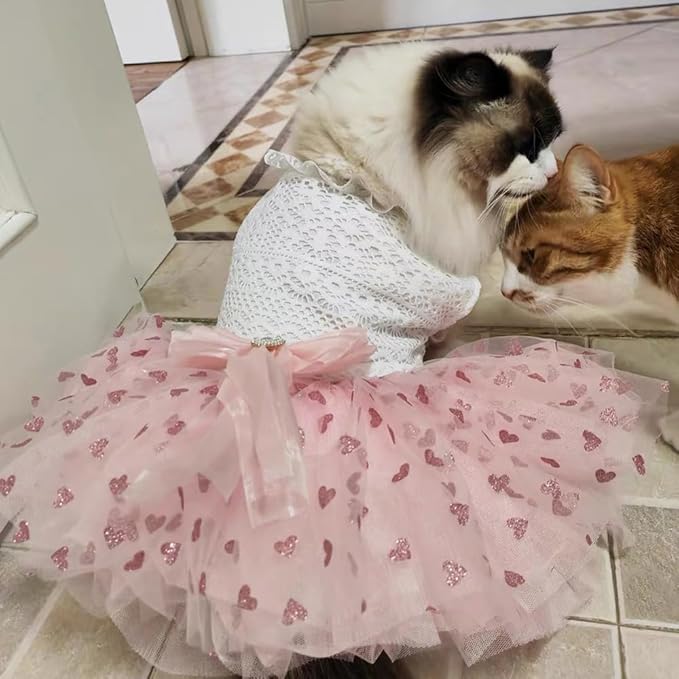 Dog Princess Dress with Heart Patterns & Bow Puppy Clothes for Small Dogs Girl Fancy Cat Birthday Outfit Pet Wedding Dresses (Pink White, X-Large)
