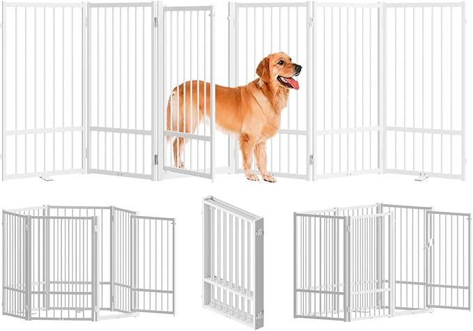 Full Metal Freestanding Dog Gate with Door, 32''Height Foldable Pet Dog Fence for Indoor & Outdoor, 6 Panels Extra Wide Free Standing TallDog Gates for Doorways,House,Stairs,Porch,Deck,Yard