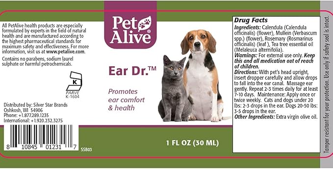 PetAlive Ear Dr. - Natural Ear Drops Promote Ear Comfort and Health in Cats and Dogs - Soothe Ear Discomfort to Reduce Constant Scratching - Keep Pets Ear Canals Clean and Clear - 30 mL