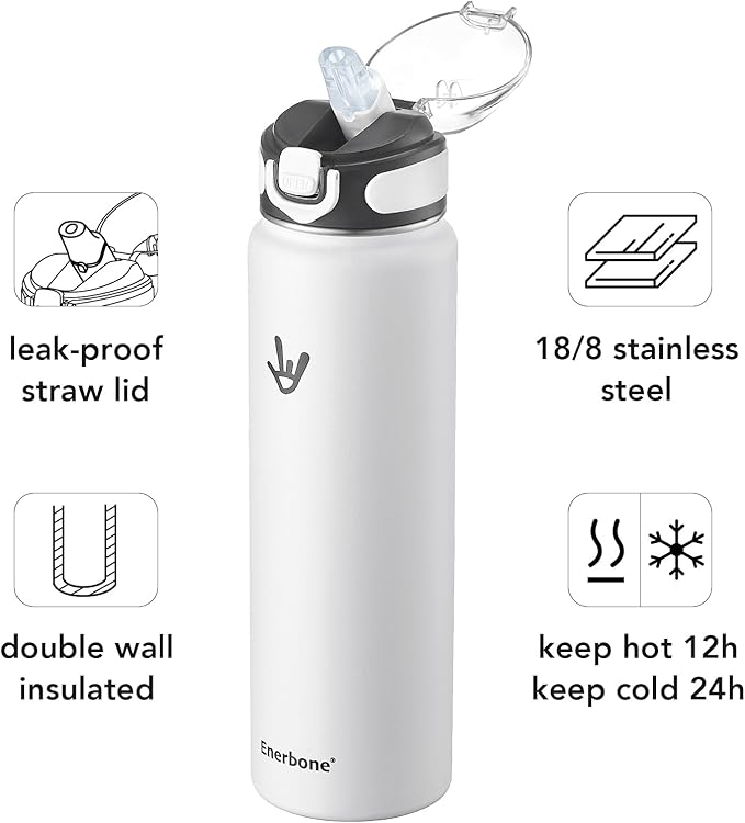 Enerbone 32 oz Insulated Water Bottle, Stainless Steel Bottle with Carrying Strap, Double-Wall Vacuum Insulation Design, Leakproof Sports Bottle with Straw, Keep Drinks Cold or Hot for Hours