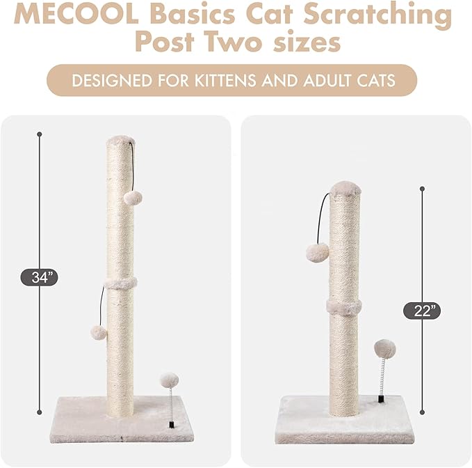 MECOOL 34” Tall Cat Scratching Post Premium Basics Kitten Scratcher Sisal Scratch Posts Trees with Hanging Ball for Indoor Cats, Beige