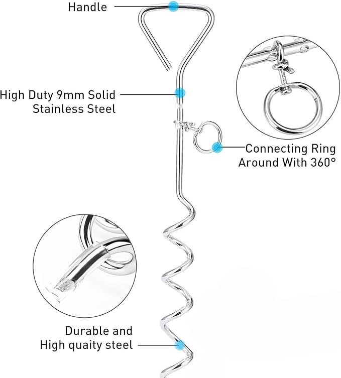 Evilplan Dog Tie Out Cable and Stake, 20ft Outside Dog Leash&Chain for Camping and Yard, 16'' Heavy Duty Anti Rust Spiral Stake for Medium-Large Dogs Up to 125 lbs (20FT, Blue)