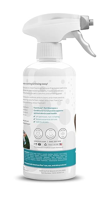 Vetericyn FoamCare Dog Shampoo and Conditioner - Instant Foaming, Spray-On Hypoallergenic Shampoo, Plant-Based Formula for Dogs and Cats. 16 Ounce