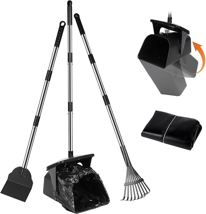 Dog Poop Scooper with 20 Bag Attachment Long Handle Swivel Bin, Rake & Spade Heavy Duty Easy to Clean Pooper Scooper for Large Medium Dogs Pet Waste Removal Solution for Yard, Grass, Gravel