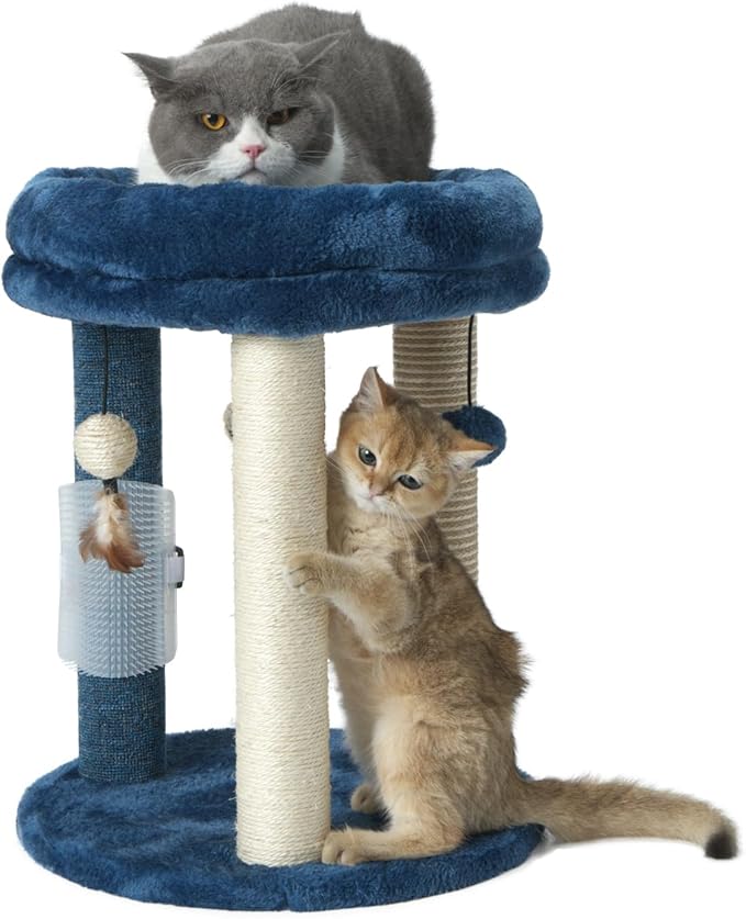 MECOOL Cat Scratching Post Tree with Tower Soft Bed.Natural Quality Sisal Carpet Jute Scratch Posts with Three Hanging Ball Toys and Massage Brush for Indoor Cats and Kittens Blue