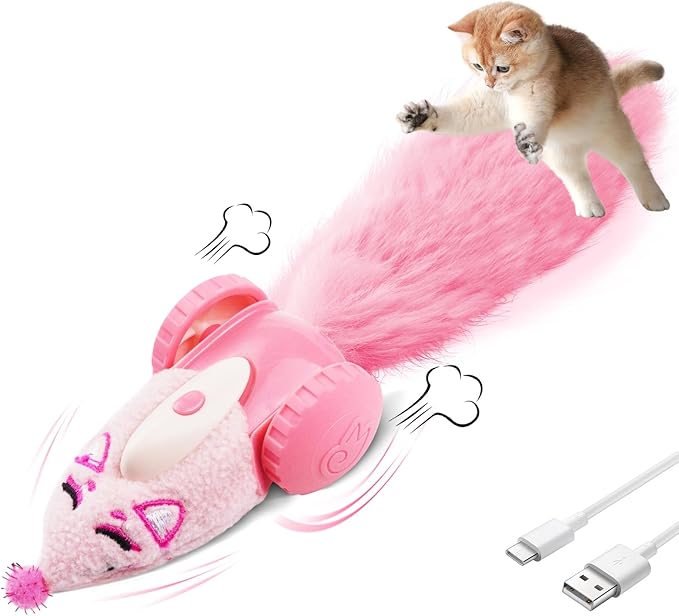 Migipaws Automatic Cat Toys, Plush Cat Mouse Toy, Interactive Toy for Indoor Cats, Smart Moving Kitten Toy, Rechargeable (Pink)