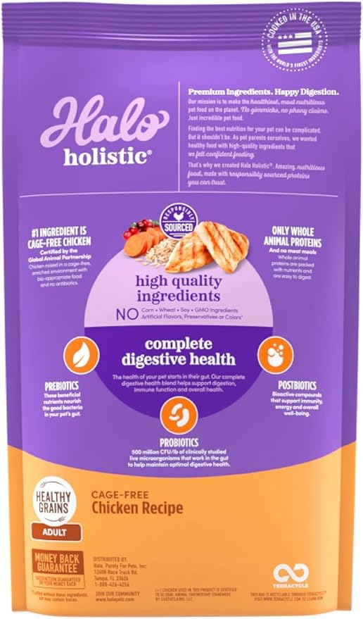 Halo Holistic Cage Free Chicken Cat Food, Healthy Grains Dry Cat Food, Complete Digestive Health, Kibble for Adult Cats, 3 lb Bag