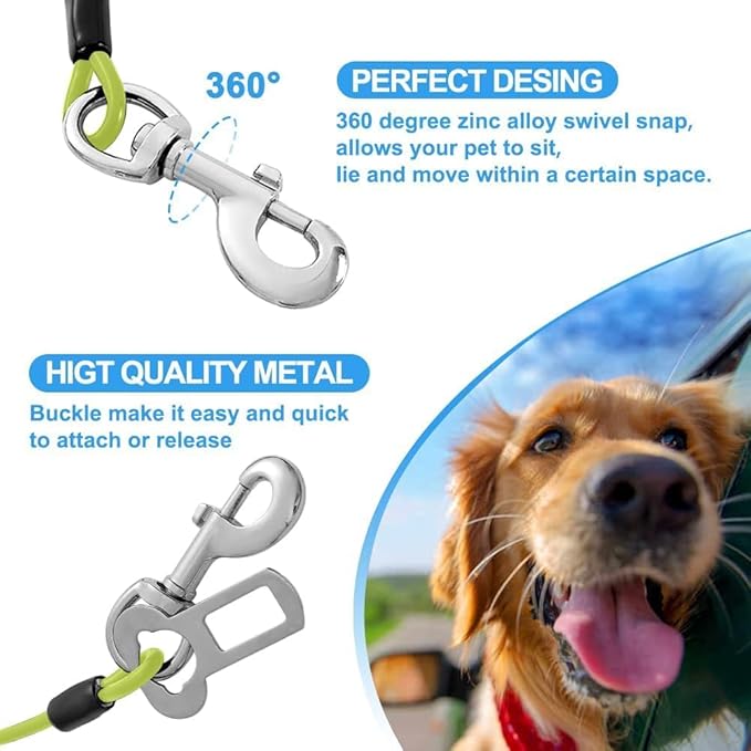 Dog Seat Belt Harness for Car,Dog Seatbelt of Coated Wire Leash Safety Restraint,No Chew Tether Cable Vehicle,Double Clips & Latch(Green, 16 inch/40 CM)