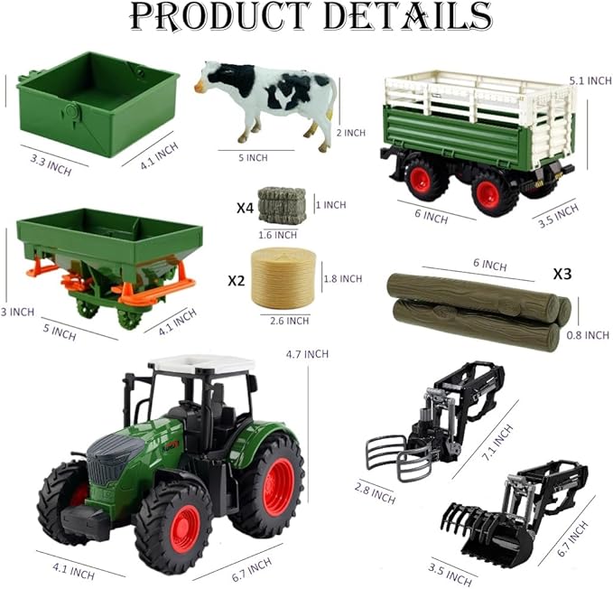 Farm Toys Tractor with Trailer-16.5 Inches Tractor Playset 1/24 Scale Gripper Frontloader Spreader for Boys Kids Toddlers Age 3-7 Years Old