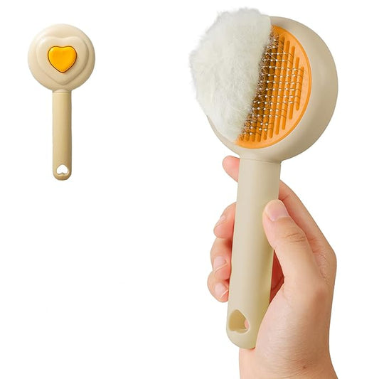 New cat brush&dog brush,pet hair brush with Self Cleaning Button Easy to remove loose undercoat，Needle-tip massage beads, no harm to the skin,Lovely Heart Series(Khaki)