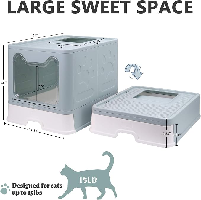 Foldable Cat Litter Box with Lid, Enclosed Potty, Large Top Entry Anti-Splashing Toilet, Easy to Clean Including Litter Scoop and 2-in-1 Cleaning Brush (Blue)