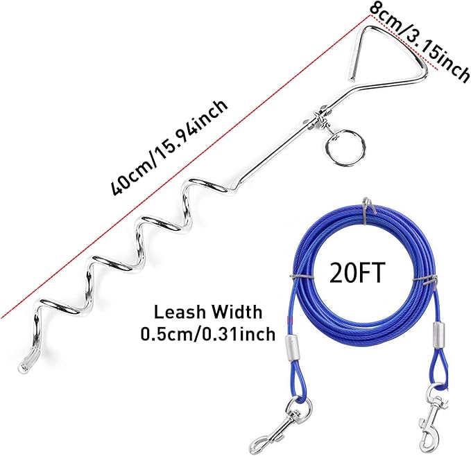 Evilplan Dog Tie Out Cable and Stake, 20ft Outside Dog Leash&Chain for Camping and Yard, 16'' Heavy Duty Anti Rust Spiral Stake for Medium-Large Dogs Up to 125 lbs (20FT, Blue)