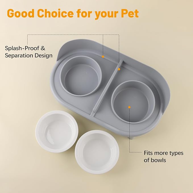 Elevated Cat Bowls, Tilted Rised Cat Food and Water Bowl with 2 Pcs Ceramic Pet Bowls, Rised Stand, Pet Dish Anti Vomiting Feeding Station for All Sized Cats & Small Dogs (Grey)
