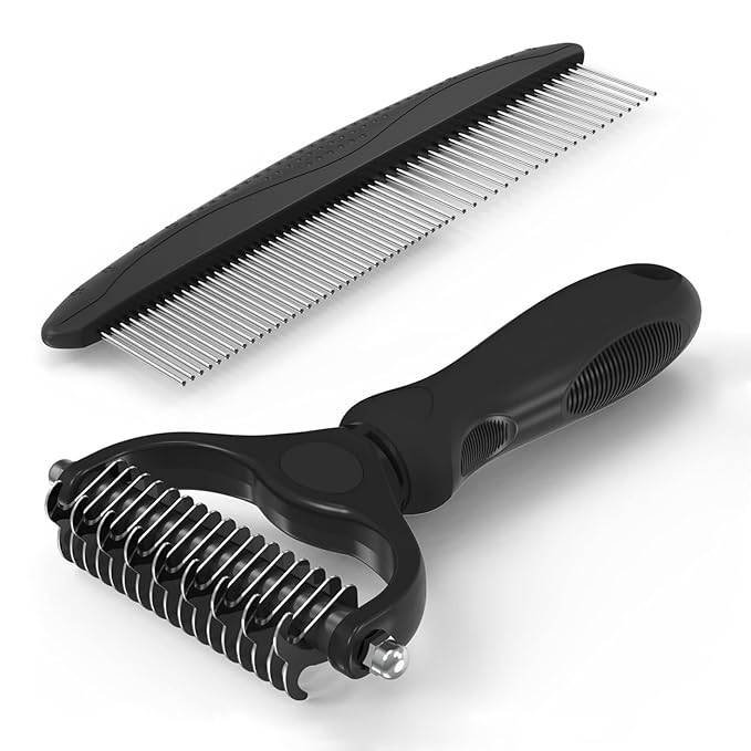 YINGFAN Pet Grooming Combo, Double-Sided Dematting Deshedding Undercoat Rake for Dogs and Cats, Extra Wide Dog Brush for Shedding (Black)