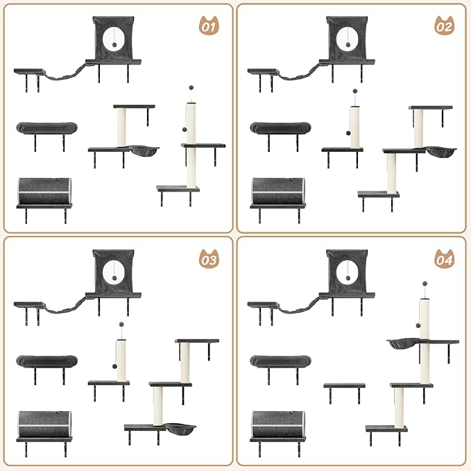 NUNU LAB 7-in-1 Wall Mounted Cat Climber Set, Cat Wall Furniture Set with House, Bridge, Steps, Scratcher Post, DIY Playground, Cat Wall Shelves - Dark Gray