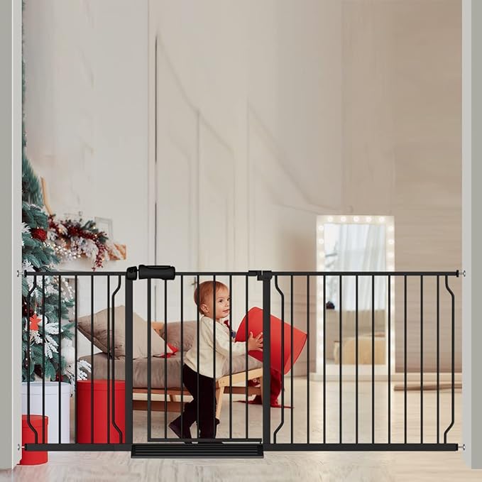 Extra Wide Baby Gate 71.6-76.37 Inch Black, Walk Through Pressure Mounted No Drill Long Large Tension Metal Gate for Dog and Toddler