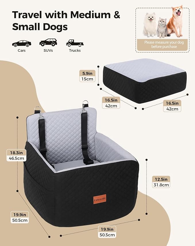 Dog Car Seat for Small & Medium Dogs Under 35lbs, Detachable & Washable Pet Car Seat, Interior Height 6 Inches Pet Travel Bed with Storage Pockets and 2 Dog Safety Belts (Black/Gray)