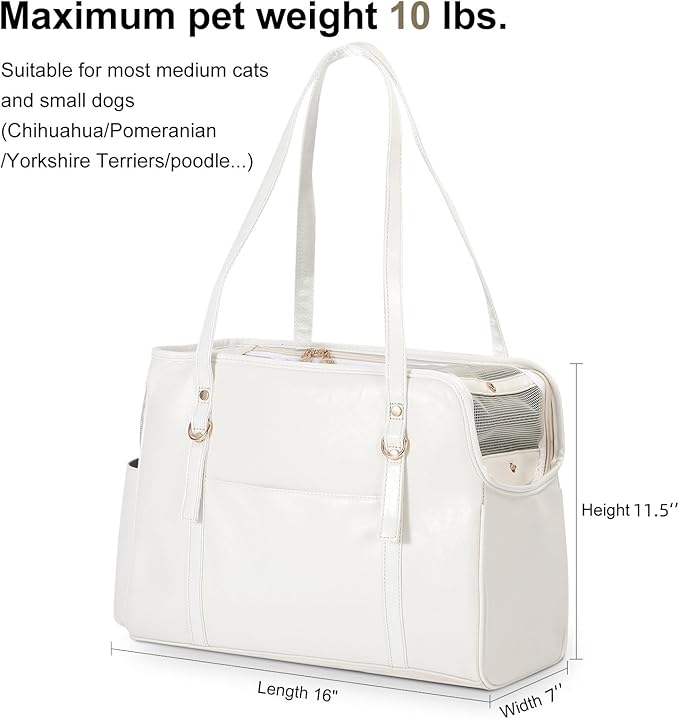 Dog Carrier Purse, Fashion Leather Pet Carrier with Pockets, Airline Approved Soft Sided Dog Carrying Bag for Puppy Cat Dog White
