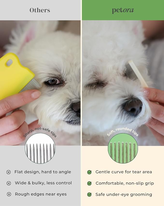 [petora] BRUSH ON ME Gentle Facial & Eye Comb for Dogs & Cats | Smooth & Stress-Free Tear Stain Remover | Fine-Tooth Grooming Tool with Rounded Tips | Comfortable Grip for Daily Pet Grooming