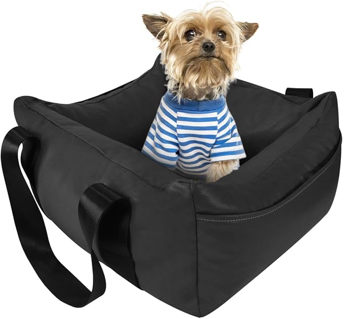 Dog Car Seat for Small Dogs, Large Leather Dog Car Bed with Storage Pocket, Waterproof PVC Leather Booster Seat Travel Bed for Front & Back Seat, Clip-On Safety Leash (Black)