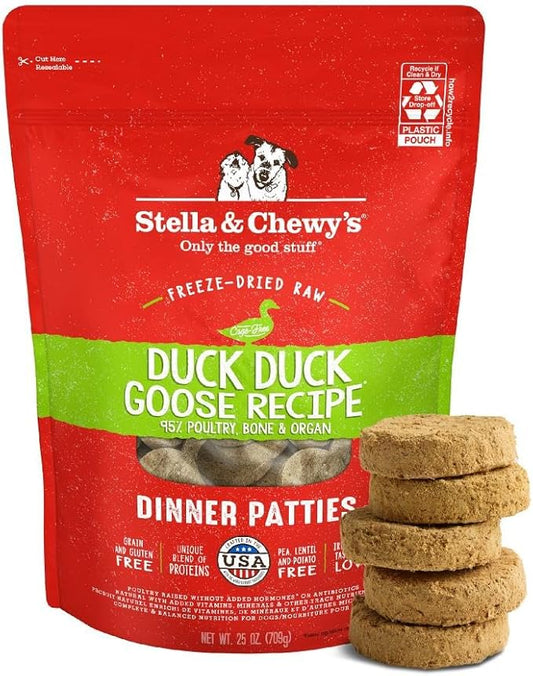 Stella & Chewy's Freeze-Dried Raw Dinner Patties - Duck Duck Goose Recipe - High Protein Grain-Free Puppy & Dog Food - Perfect For Picky Eaters - 25 oz
