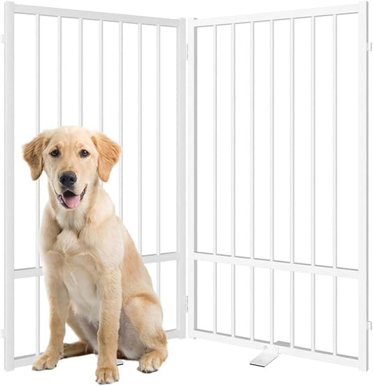 Full Metal Freestanding Dog Gate with Door, 36''Height Foldable Pet Dog Fence for Indoor & Outdoor, 2 Panels Extra Wide Free Standing TallDog Gates for Doorways,House,Stairs,Porch,Deck,Yard