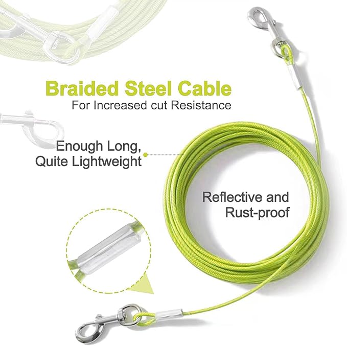 10FT Heavy Duty Dog Tie Out Cable for Large Dogs up to 125lbs, Durable Runner Tether Line (Green)