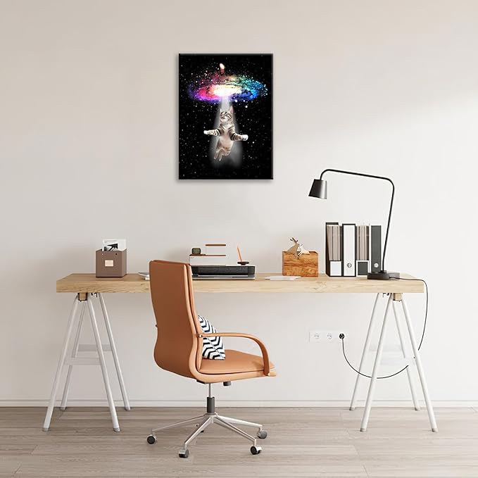 Funny Cat Wall Art Canvas Galaxy Wall Decor Prints Framed Painting Animal Pictures Gifts Artwork for Bathroom Living Dining Kitchen 12"x16"