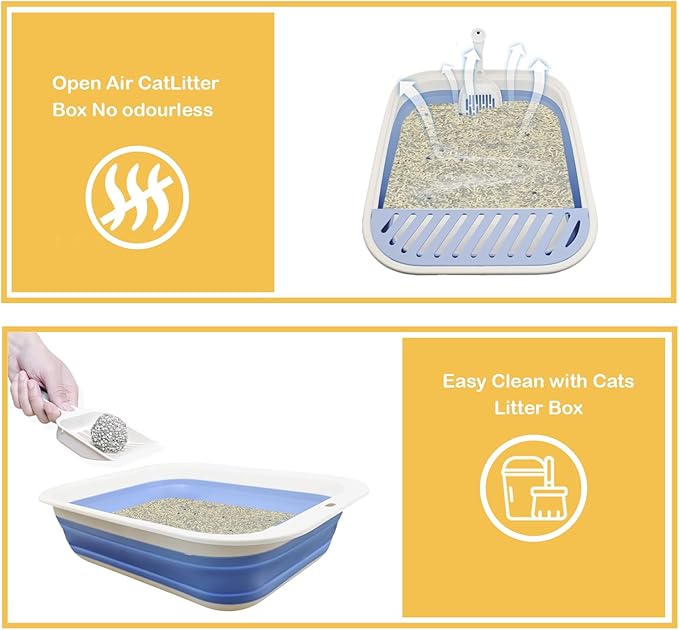 Foldable Kitty Litter Box Open Potty Pan Cat Toilet Portable Cats Litter Box Travel Litter with Scoop Waterproof Low Entrance for Kitten and Cat Toilet Easy Clean 17.7"×13.4"x4.9"(Blue)