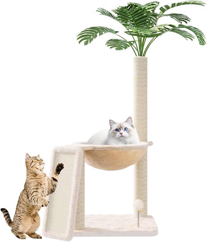 Small Cat Tree, Green Cat Tree with Scratching Post, Hammock Toy Ball and Palm Leaves for Kittens, Cat Tower for Indoor