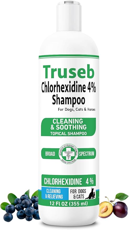 Truseb Topical Chlorhexidine 4% Shampoo for Dogs, Cats, and Horses with Plum/Blueberry Scent - 12 oz - Made in U.S.A (Chlorhexidine 4% Shampoo, 12 oz)