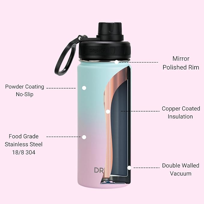 DRINCO Stainless Steel Water Bottle Spout Lid Vacuum Insulated Double Wall Water Bottle Wide Mouth (40oz 32oz 22oz 18oz 14oz) Leak Proof Keeps Cold or Hot (18 oz, 18oz Macaron)