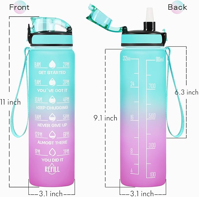 Enerbone Water Bottle, Leakproof BPA & Toxic Free, Motivational Water Bottle with Times to Drink and Straw, Fitness Sports Water Bottle with Strap for Office, Gym, Outdoor Sports