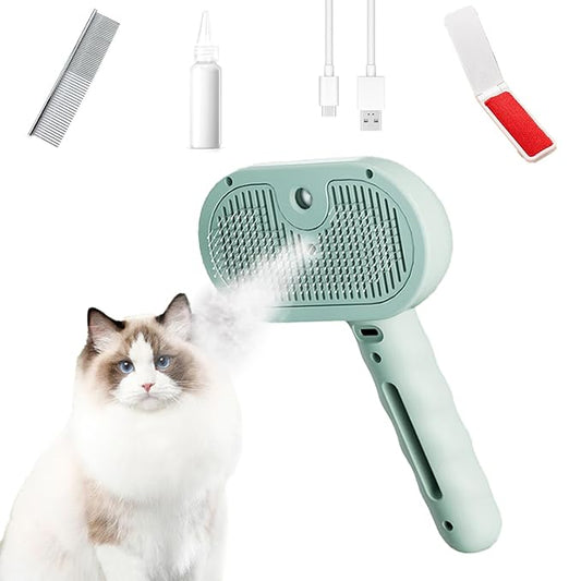 Trumoon Pet steam brush for dogs and cats, Pet Grooming Tool Kit with a stainless steel comb and a portable pet hair remover (Green)