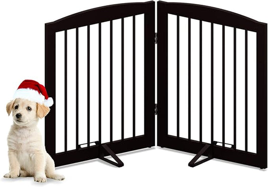 Freestanding Pet Gate for Dogs, Foldable Wooden Dog Gate for House, Indoor Pet Barrier for Stairs, Doorways, Support Feet Included, 24" Height 2 Panels, Brown