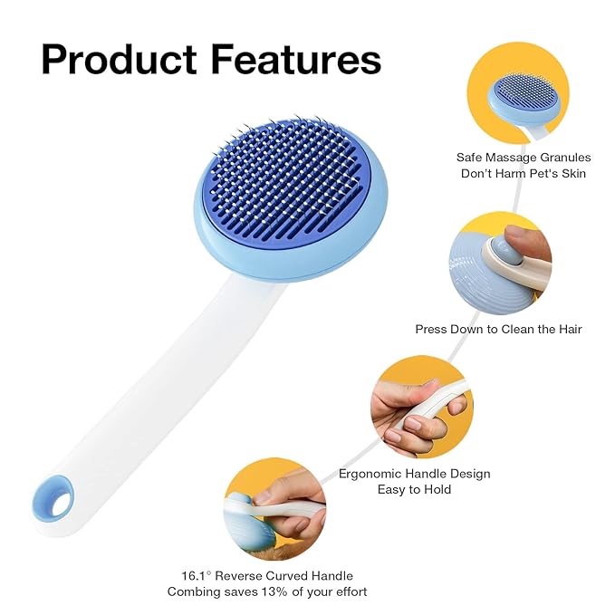 Self-Cleaning Slicker Brush for Pet Grooming: Removes Tangles, Loose Undercoat & Mats from Cats & Dogs (Blue)