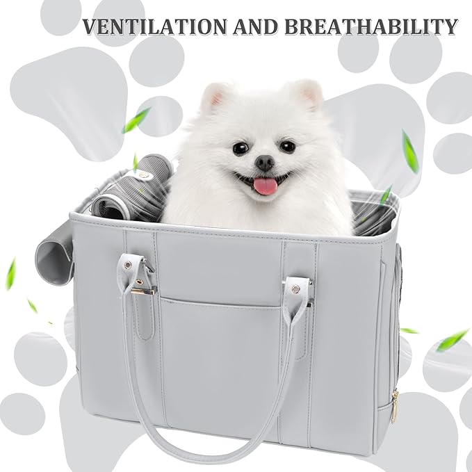 Fashion Pet Carrier Dog Purse Cat Bag Soft-Sided Carriers Travel Airline Approved, Stylish Leather Tote Handbag for Small Animal Puppy Kitten (Grey)