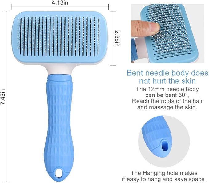 Self Cleaning Slicker Brush,Dog Brush & Cat Brush with Massage Particles,Removes Loose hair & Tangles,Skin Friendly & Promote Circulation-Blue 1