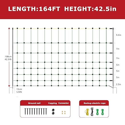 Electric Fence Netting, 164'L x 42.5" H Electric Fence Kit for Livestock, Goat, 14 Posts Double Spiked Portable Electric Poultry Farm Fence
