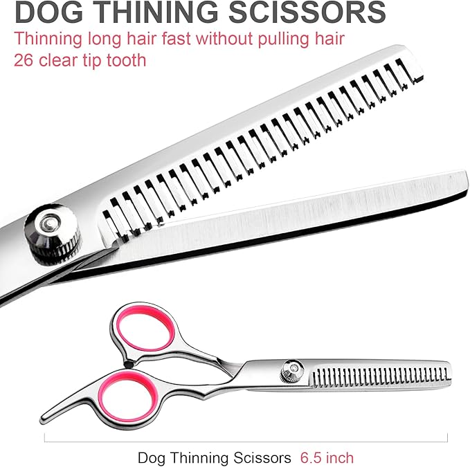 Dog Grooming Kit with Safety Round Tips Stainless Steel Professional Dog Shears Set - Thinning, Curved Scissors and Comb for Cat Pet