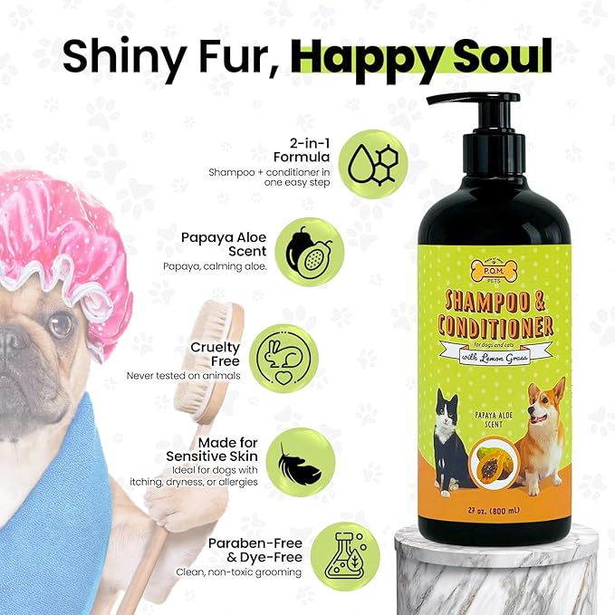 POM Pets 2-in-1 Organic Dog Shampoo & Conditioner – Itchy Skin Relief, Dog Deshedding, Detangles Fur, Cat Shampoo, Paw Cleaner for Dogs, Natural Coat Defense Formula