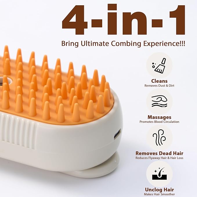 4 in 1 Cat Steam Brush, Rechargeable Steam Brush for Cats and Dogs, Anti-Static Cat Spray Brushes, Massage, Cleaning, Shedding & Combing All In One! Beige