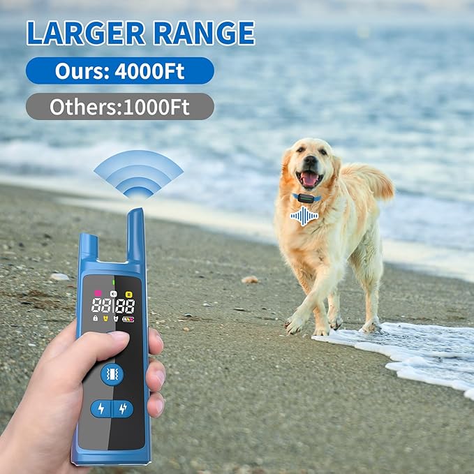 Dog Training Shock Collar 4000FT Dog Bark Collar with Remote IP67 Waterproof 4 Training Modes Beep Vibration Shock Light Mode Magnetic Charger Electric Dogs Collar 8-25 inches Double Shock Sea Blue