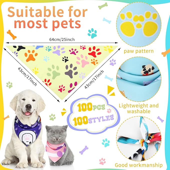 100 Pcs Paw Dog Bandanas Bulk Pet Bibs Colorful Triangle Scarf Paw Pattern Pet Bandanas for Medium Large Dogs Holiday Summer Birthday Costume Decor