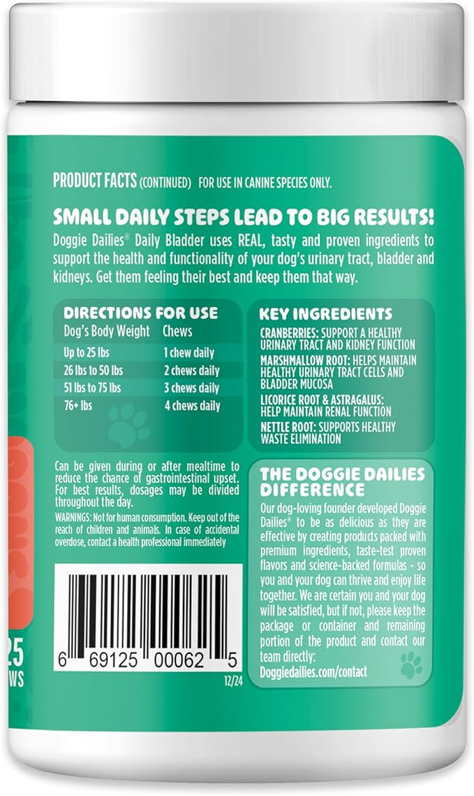 Doggie Dailies Cranberry Supplement for Dogs Bacon Flavored - Urinary Tract, Bladder & Kidney Support for Dogs - Cranberry with Marshmallow Root, Licorice Root & Apple Cider Vinegar, 225 Soft Chews