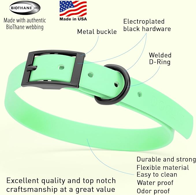 Dogline Biothane Waterproof Dog Collar Strong Coated Nylon Webbing with Black Hardware Odor- Proof for Easy Care Easy to Clean High Performance Fits Small Medium or Large Dogs, Sea Foam Green
